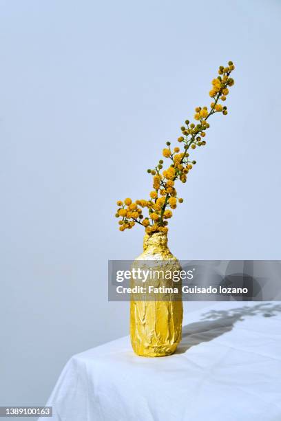 handmade yellow vase with yellow natural flower on white table and white background - cerámica fotografías e imágenes de stock