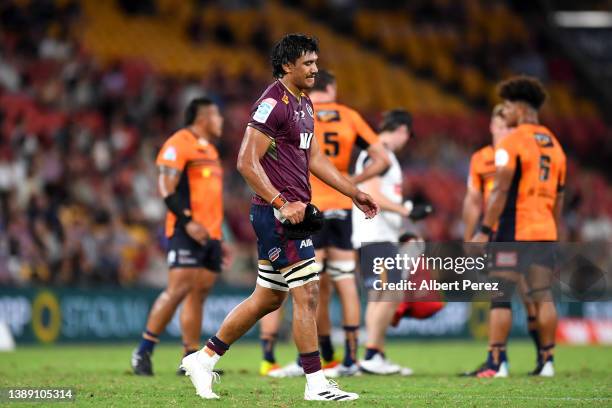 Tuaina Taii Tualima of the Reds leaves the field after being shown a red card during the round seven Super Rugby Pacific match between the Queensland...