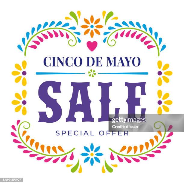 stockillustraties, clipart, cartoons en iconen met cinco de mayo sale.  fiesta banner, greeting card and poster design with floral and decorative elements. - mexican flower pattern