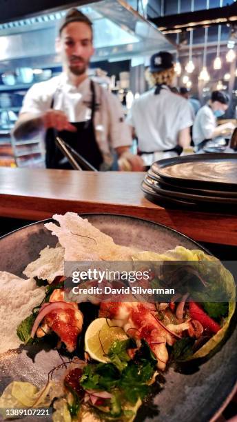 Restaurant chef are seen working in the open kitchen where a dish of Crayfish tails has been served at the bar at chef Luke Dale Roberts' The Pot...