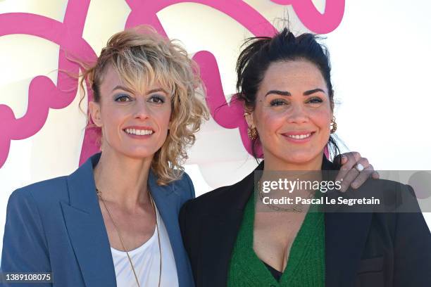 Sara Mortensen and Lola Dewaere attend the "Astrid Et Raphaelle" photocall during the 5th Canneseries Festival on April 02, 2022 in Cannes, France.