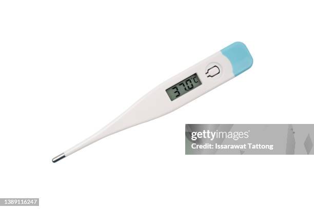 electronic medical thermometer isolated on white. top view of digital thermometer - thermometer stockfoto's en -beelden