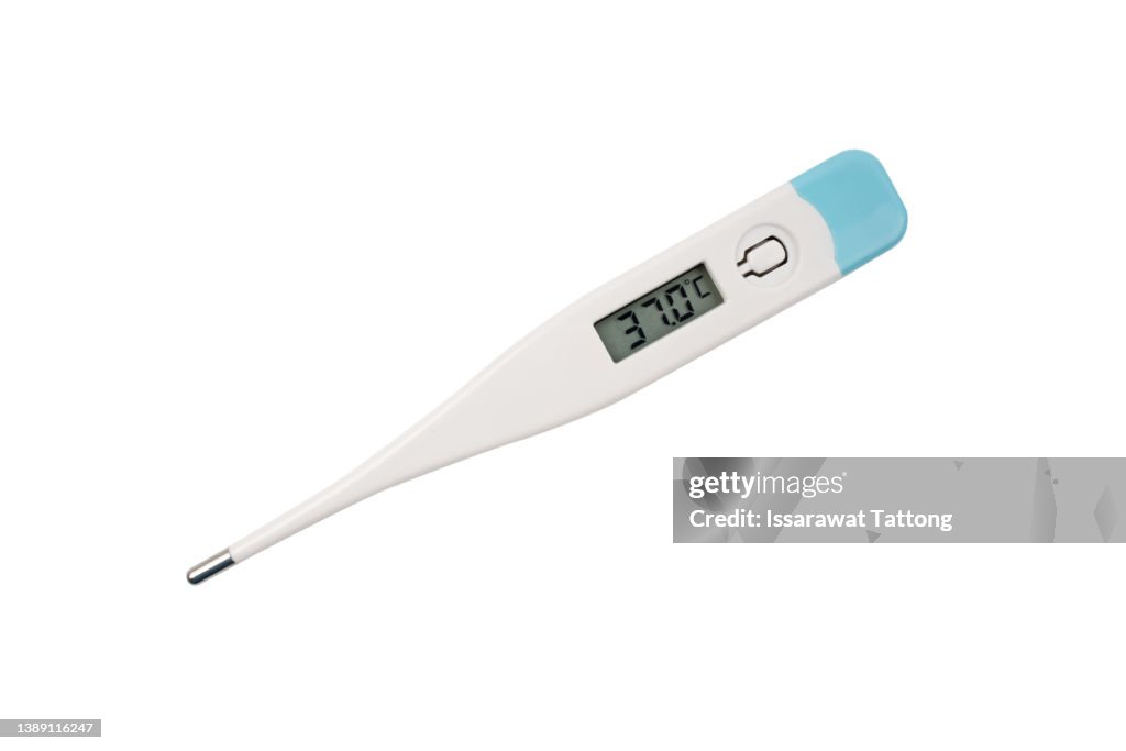 Electronic medical thermometer isolated on white. Top view of digital thermometer