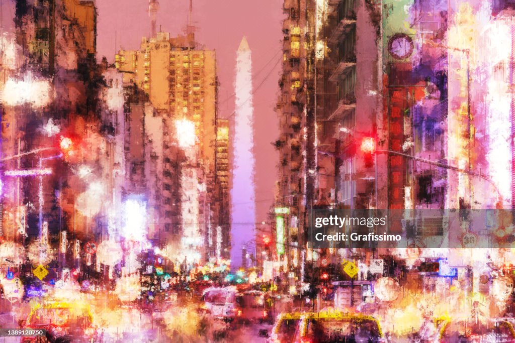 Argentina Buenos Aires downtown with traffic cars at night near the Obelisco oil painting