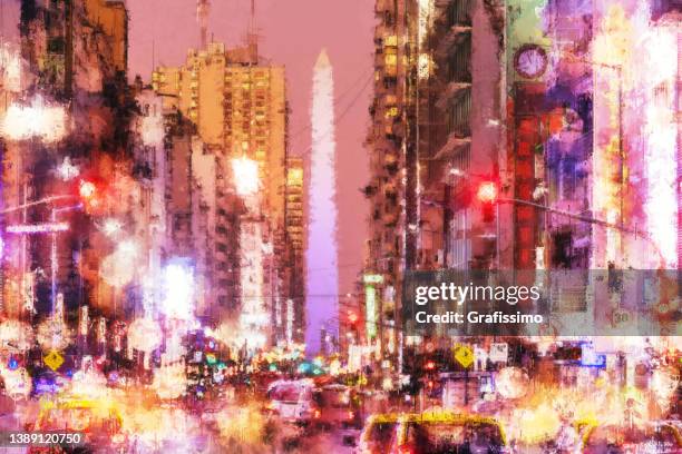 argentina buenos aires downtown with traffic cars at night near the obelisco oil painting - obelisco-de-buenos-aires stock illustrations