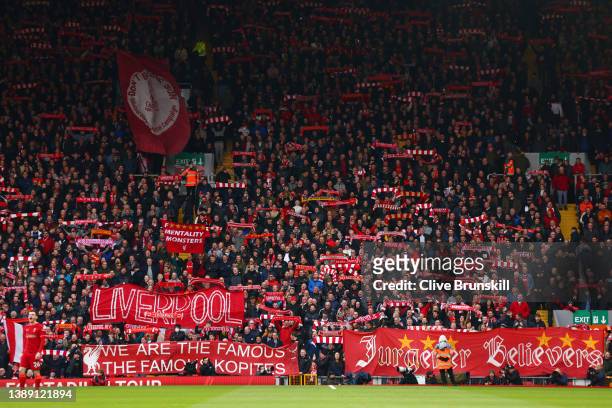 Liverpool fans show their support during the Premier League match between Liverpool and Watford at Anfield on April 02, 2022 in Liverpool, England.