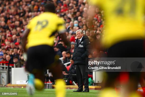Roy Hodgson, Manager of Watford FC looks on during the Premier League match between Liverpool and Watford at Anfield on April 02, 2022 in Liverpool,...