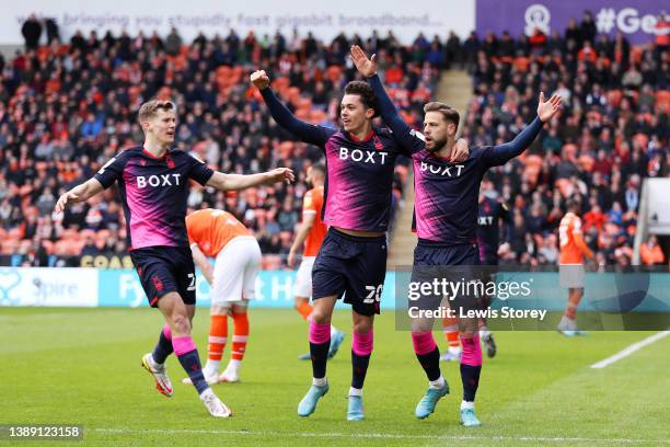 Philip Zinckernagel of Nottingham Forest celebrates after scoring their side's first goal with Brennan Johnson during the Sky Bet Championship match...