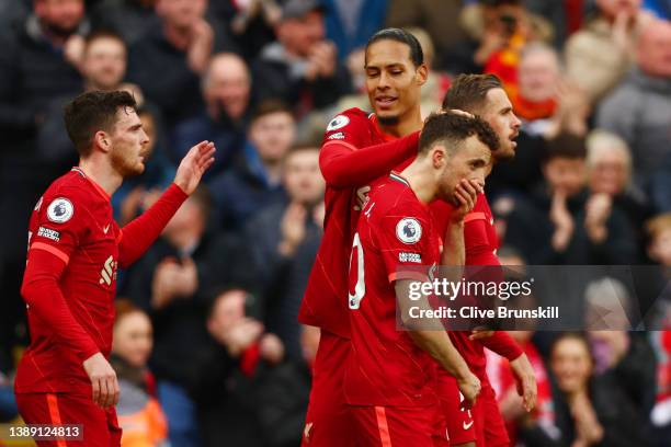 Diogo Jota of Liverpool celebrates with teammates Andrew Robertson, Virgil van Dijk and Jordan Henderson after scoring their team's first goal during...