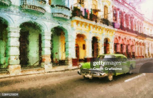 stockillustraties, clipart, cartoons en iconen met vintage classic american oldtimer car in havana cuba illustration oil painting - colonial home