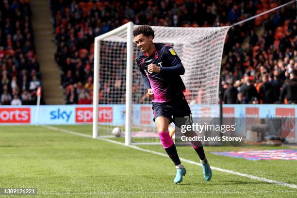 Brennan Johnson of Nottingham Forest celebrates after scoring their side's third goal during the Sky Bet Championship match between Blackpool and...