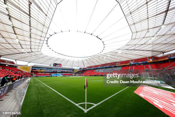 General view inside the stadium prior to the Bundesliga match between Bayer 04 Leverkusen and Hertha BSC at BayArena on April 02, 2022 in Leverkusen,...