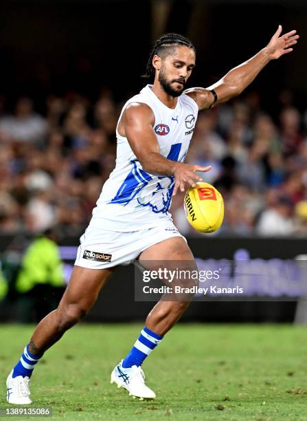 Aaron Hall of the Kangaroos in action during the round three AFL match between the Brisbane Lions and the North Melbourne Kangaroos at The Gabba on...