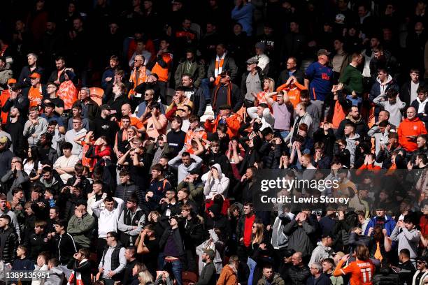 Fans of Blackpool react to a missed chance during the Sky Bet Championship match between Blackpool and Nottingham Forest at Bloomfield Road on April...