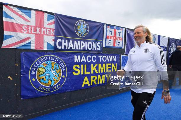 Robbie Savage, owner of Macclesfield looks on prior to the North West Counties Football League match between Macclesfield FC and AFC Liverpool at...