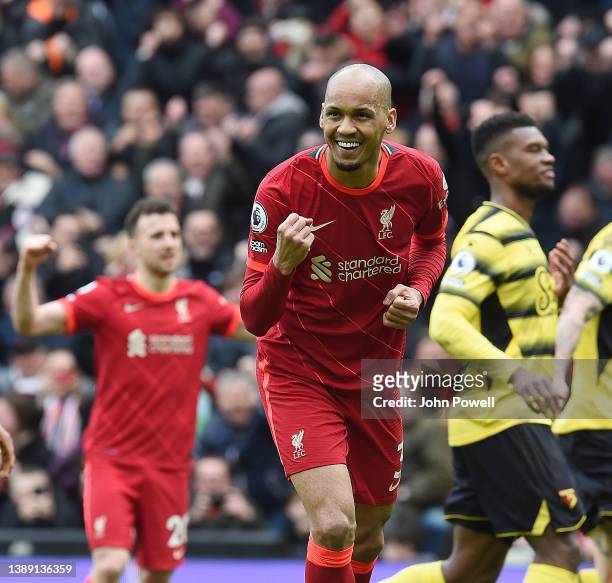 Fabinho of Liverpool celebrates after scoring the second goal during the Premier League match between Liverpool and Watford at Anfield on April 02,...