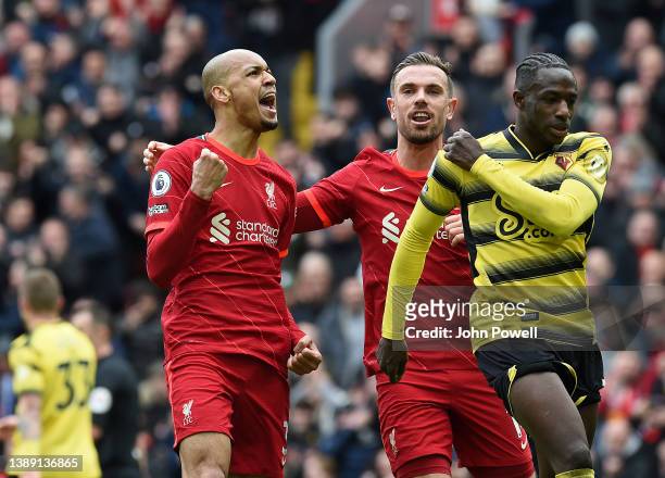 Fabinho of Liverpool celebrates after scoring the second goal during the Premier League match between Liverpool and Watford at Anfield on April 02,...