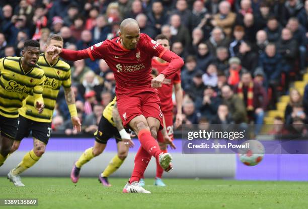 Fabinho of Liverpool scoring the second goal during the Premier League match between Liverpool and Watford at Anfield on April 02, 2022 in Liverpool,...