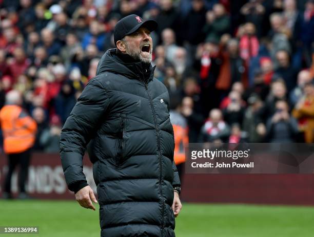 Jurgen Klopp manager of Liverpool celebrates the win at the end of the Premier League match between Liverpool and Watford at Anfield on April 02,...