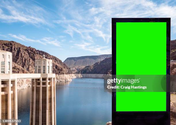 las vegas lake mead hoover dam scene with green screen advertisement information billboard display. concept piece for travel, tourism, vacation marketing via chroma key - lake mead national recreation area stock pictures, royalty-free photos & images