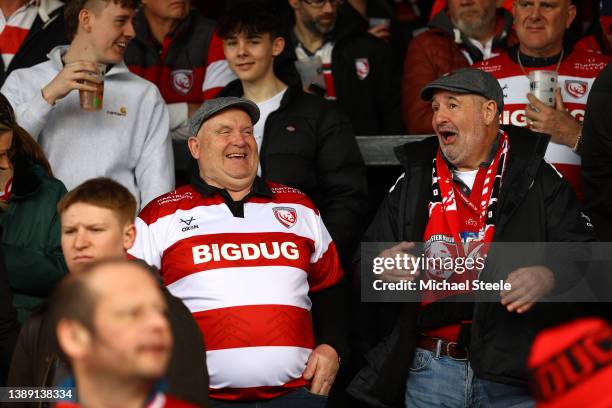 Gloucester supporters during the Gallagher Premiership Rugby match between Gloucester Rugby and Wasps at Kingsholm Stadium on April 02, 2022 in...