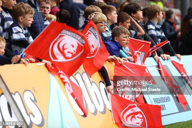 Young Gloucester supporters during the Gallagher Premiership Rugby match between Gloucester Rugby and Wasps at Kingsholm Stadium on April 02, 2022 in...