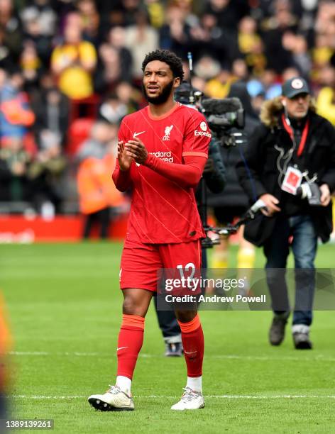 Joe Gomez of Liverpool showing his appreciation to the fans at the end of the Premier League match between Liverpool and Watford at Anfield on April...