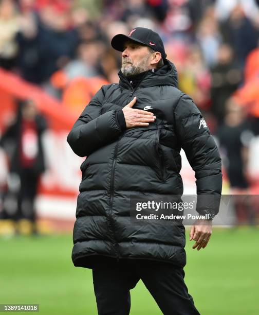 Jurgen Klopp manager of Liverpool at the end of the Premier League match between Liverpool and Watford at Anfield on April 02, 2022 in Liverpool,...