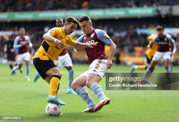 Daniel Podence of Wolverhampton Wanderers battles for possession with John McGinn of Aston Villa during the Premier League match between...