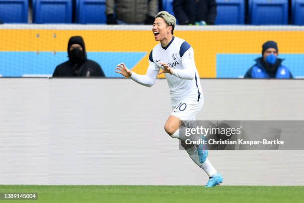 Takuma Asano of VfL Bochum celebrates after scoring their side's second goal during the Bundesliga match between TSG Hoffenheim and VfL Bochum at...