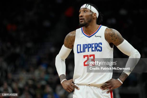 Robert Covington of the LA Clippers looks on against the Milwaukee Bucksduring the first half at Fiserv Forum on April 01, 2022 in Milwaukee,...