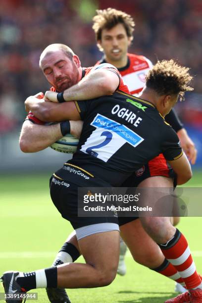 Fraser Balmain of Gloucester is tackled by Gabriel Oghre of Wasps during the Gallagher Premiership Rugby match between Gloucester Rugby and Wasps at...
