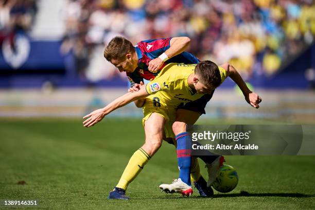 Juan Foyth of Villarreal CF competes for the ball with Enric Franquesa of Levante UD during the LaLiga Santander match between Levante UD and...