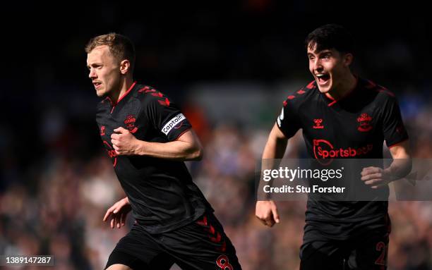 James Ward-Prowse of Southampton celebrates after scoring their side's first goal during the Premier League match between Leeds United and...