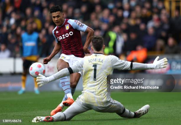 Ollie Watkins of Aston Villa takes a shot during the Premier League match between Wolverhampton Wanderers and Aston Villa at Molineux on April 02,...