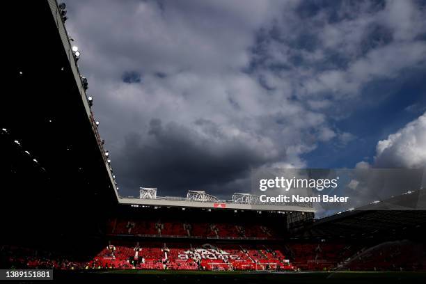 General view inside the stadium prior to the Premier League match between Manchester United and Leicester City at Old Trafford on April 02, 2022 in...