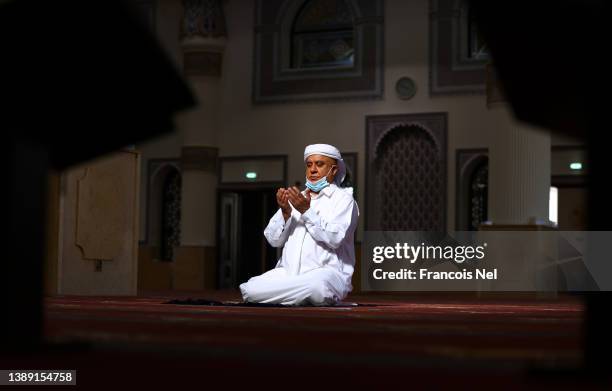 Muslim man prays at Al Farooq Omar Bin Al Khattab Mosque on April 02, 2022 in Dubai, United Arab Emirates. Muslim men and women across the world...