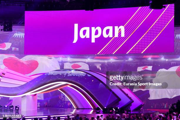 General view of the performance as Japan is displayed on the LED Screen during the FIFA World Cup Qatar 2022 Final Draw at Doha Exhibition Center on...