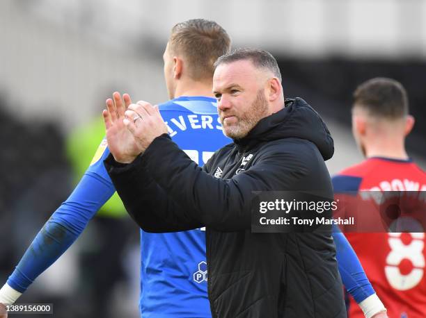 Derby County Manager Wayne Rooney applauds the fans at the final whistle during the Sky Bet Championship match between Derby County and Preston North...