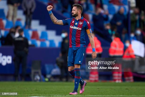 Jose Luis Morales of Levante UD celebrates after scoring their second side goal during the LaLiga Santander match between Levante UD and Villarreal...