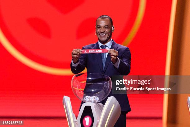 Marcos Evangelista de Morais "Cafu" shows England during the FIFA World Cup Qatar 2022 Final Draw at Doha Exhibition Center on April 1, 2022 in Doha,...