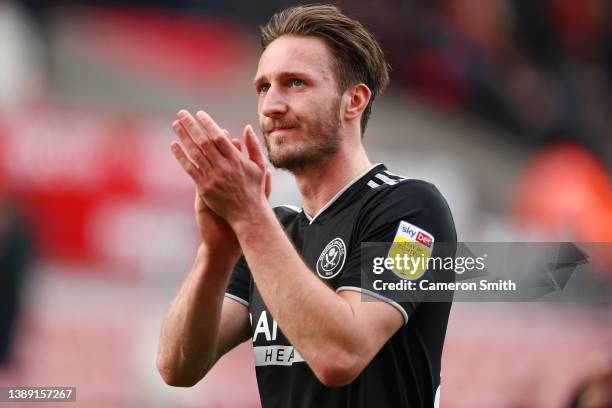 Ben Davies of Sheffield United applauds fans after game during the Sky Bet Championship match between Stoke City and Sheffield United at Bet365...