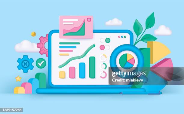 business analysis dashboard - magnifying glass laptop stock illustrations