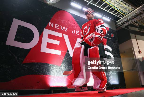 Andrew Hammond of the New Jersey Devils prepares for warm-ups prior to the game against the Florida Panthers at the Prudential Center on April 02,...