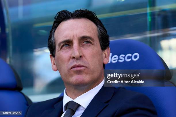 Unai Emery of Villarreal CF looks on during the LaLiga Santander match between Levante UD and Villarreal CF at Ciutat de Valencia Stadium on April...