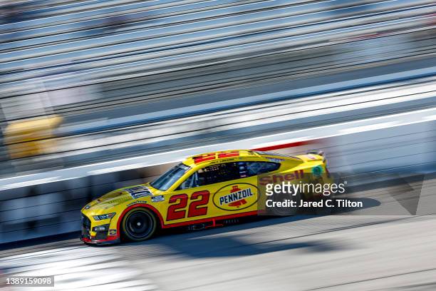 Joey Logano, driver of the Shell Pennzoil Ford, drives during practice for the NASCAR Cup Series Toyota Owners 400 at Richmond Raceway on April 02,...