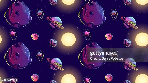 hand drawn cosmic seamless illustration - planets, comets and stars. - sun orbit stock illustrations