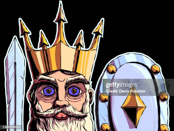 hand-drawn cartoon character - king with shield and sword. - throne vector stock illustrations