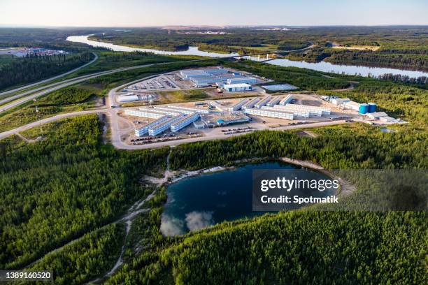 aerial view of oil workers accommodation fort mcmurray - fort mcmurray stock pictures, royalty-free photos & images