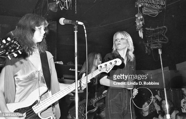 The Runaways play the fabled CBGB club in New York City, 2nd August 1976. Bassist Jackie Fox, lead guitarist Lita Ford, singer Cherie Currie.